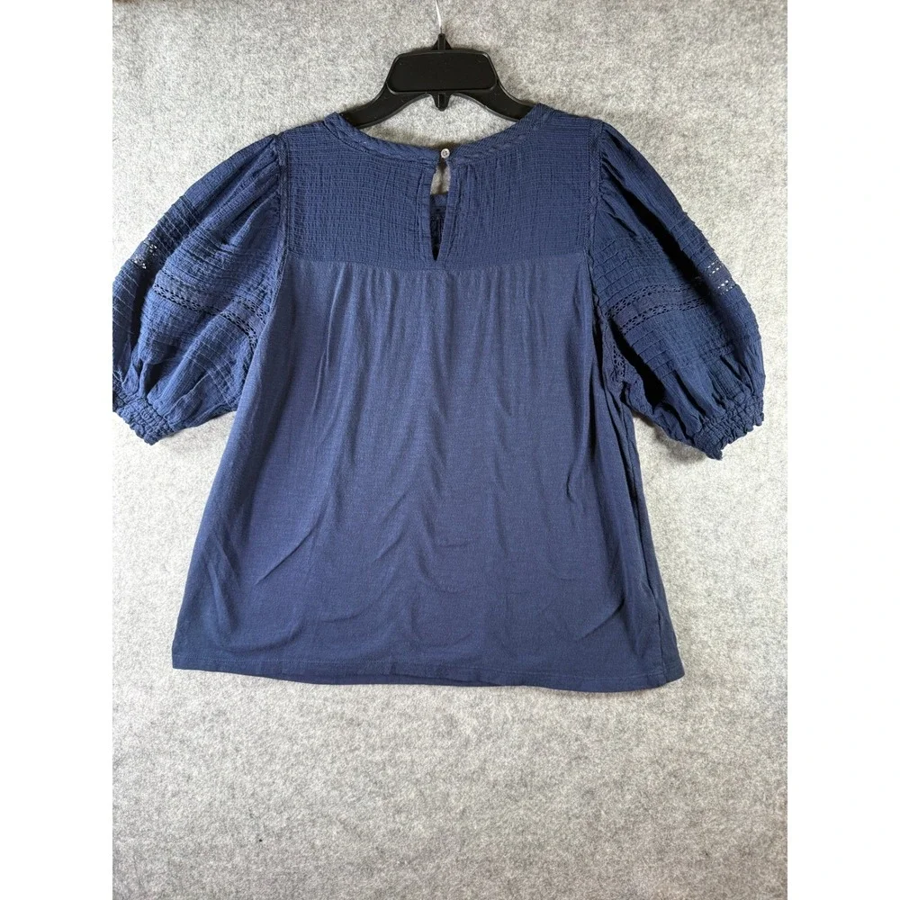 LOFT Navy‎ Blue Pintuck Eyelet Puff Sleeve Knit Top Medium